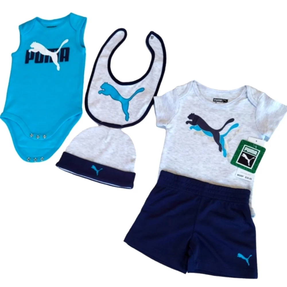 Puma Baby Boys Bodysuit Short Sleeves 3-6 Months Shorts Beanie Bib 5-piece Set